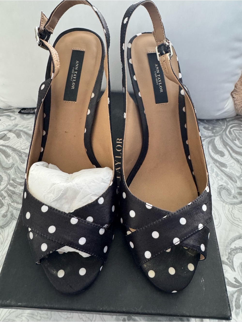 Ann Taylor Black and White Polka Dot Slingback Peep Toe